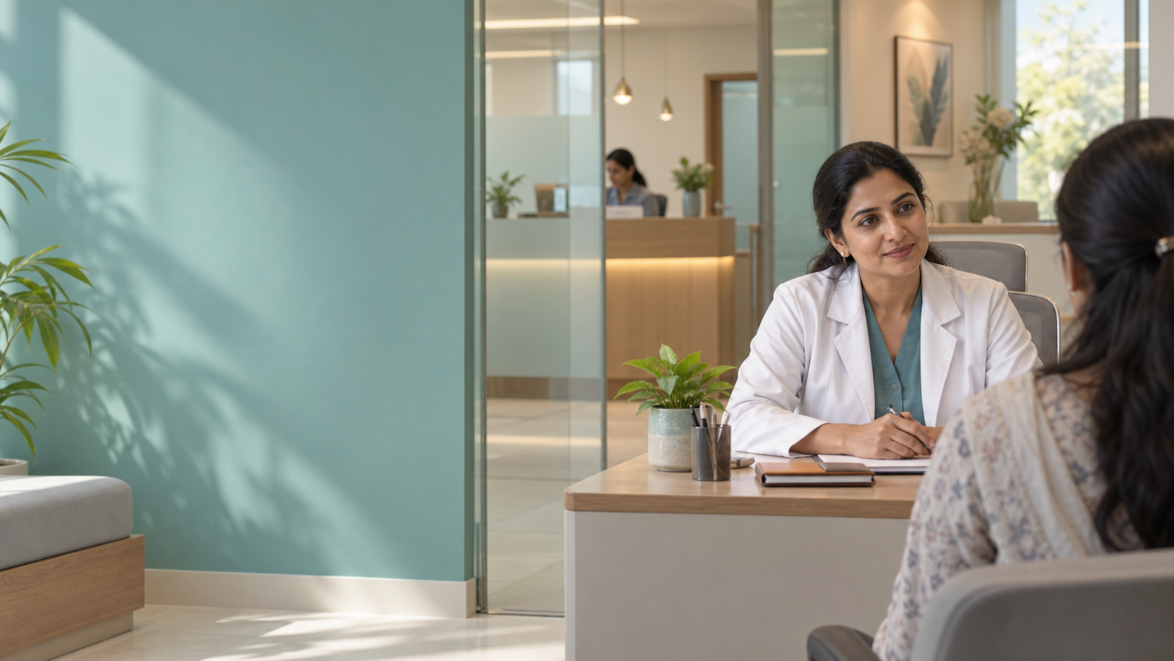 Illustrative scene of a doctor speaking with a patient in a clinic