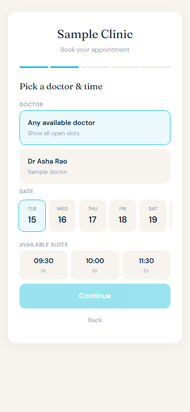 Complete ManageAll appointment booking widget on mobile with synthetic clinic, doctor and available slots