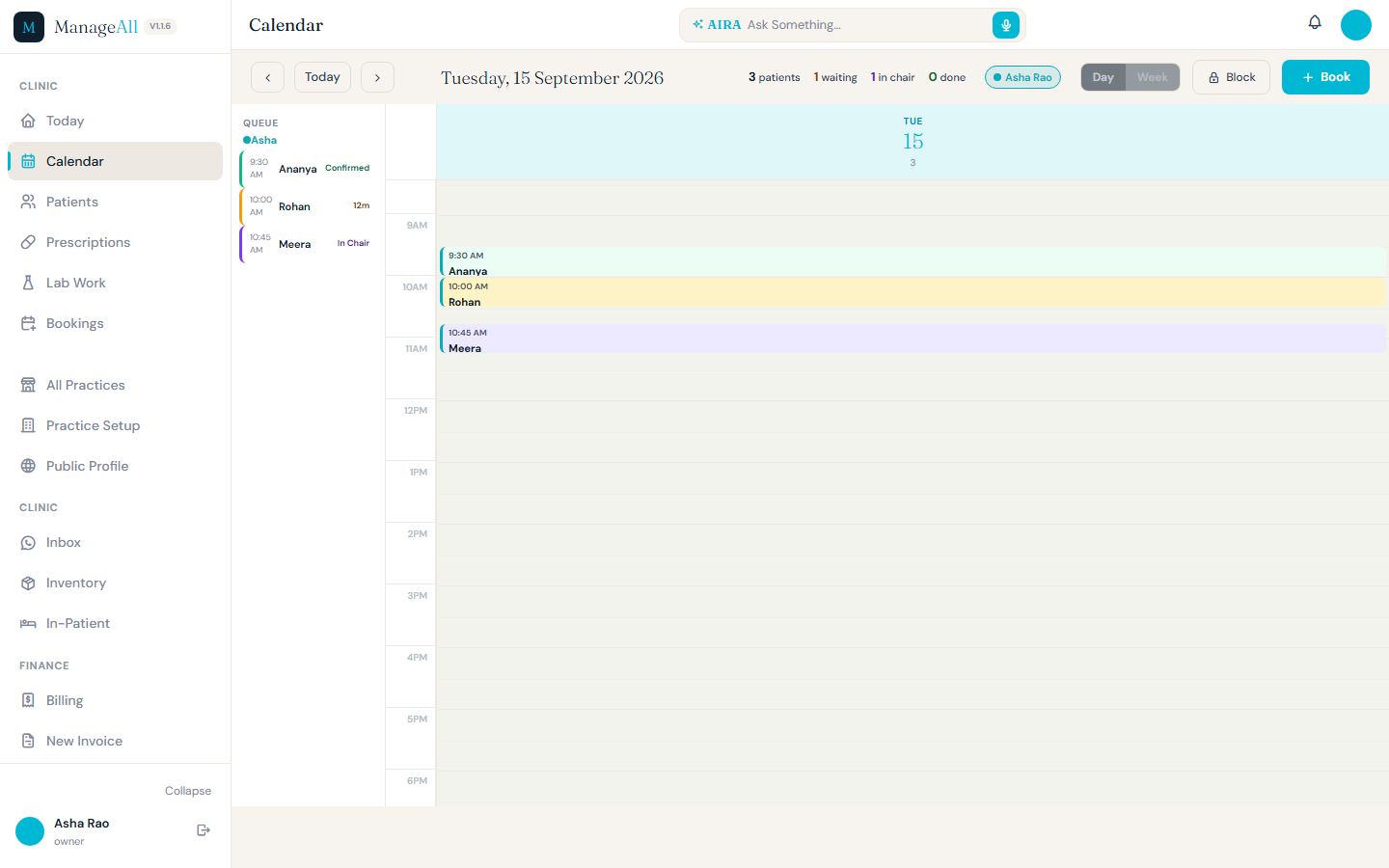 Complete ManageAll calendar day screen with appointment grid, queue and visit statuses using synthetic patients