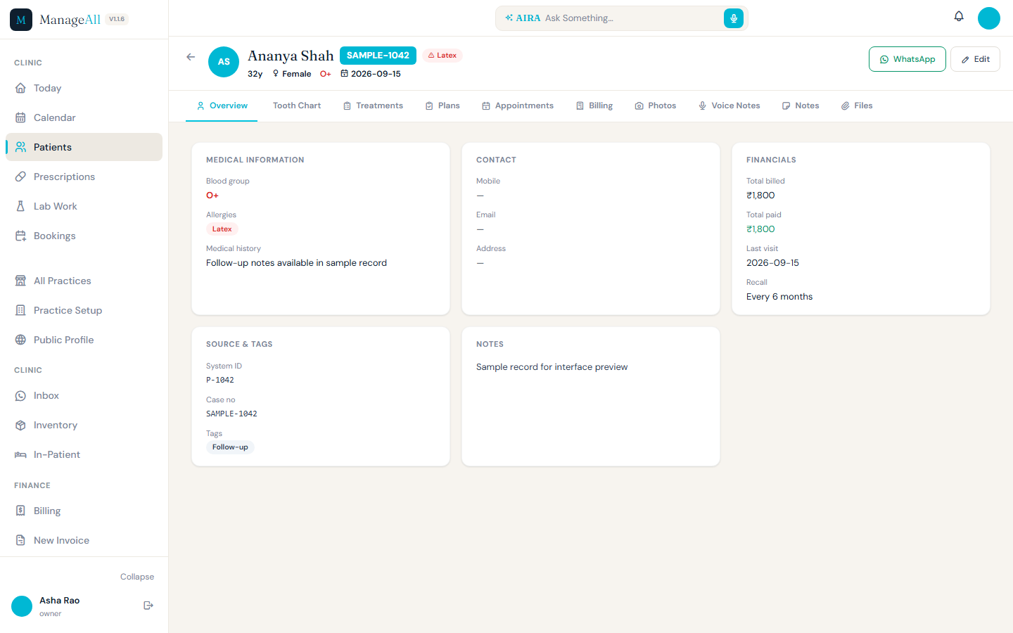 Complete ManageAll patient overview with synthetic medical, visit and recall details