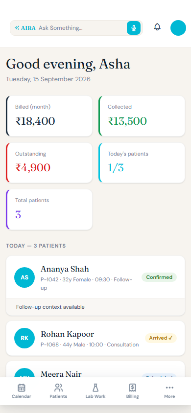 Complete ManageAll Today mobile screen with synthetic patients